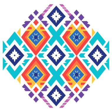 Simetrik grafik çeşitli rengarenk elmas şekilleri ve yıldız patlamaları içerir. Tasarım Güneybatı ya da kabilesel bir görünüme sahip..