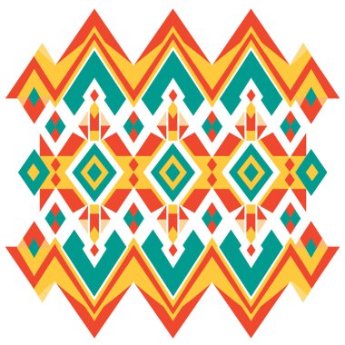 Zigzag ve elmas şekilli geometrik desen tekrarlanır. Tasarım beyaz zemin üzerinde kırmızı, sarı, yeşil ve bej renklerini kullanır..