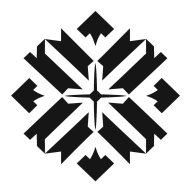 Oklar ve yıldız benzeri şekillerden oluşan simetrik bir düzenleme içeren geometrik bir desen tasarımı. Siyah-beyaz renk şeması ve temiz çizgileri var..