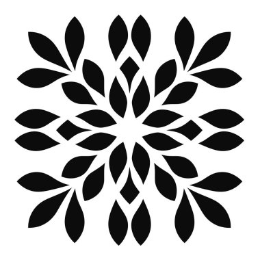 Yaprak şekilli simetrik bir çiçek tekrar eden bir dizayn ile merkezden yayılır. Temiz beyaz bir arkaplanda siyahla gösteriliyor..