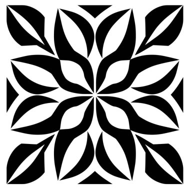 Çiçek desenli tasarım tekrarlanmış ve simetriktir. Siyah ve beyaz kıvrımlı şekiller içerir, kare bir fayans şekli oluşturur..