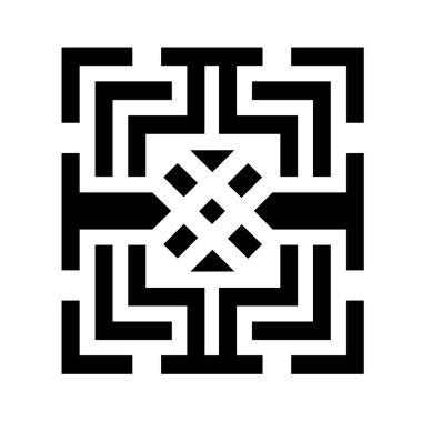 Beyaz zemin üzerinde kareler, çizgiler ve dik açılardan oluşan simetrik, soyut bir geometrik tasarım. Merkezi element bir kare ızgaradır.