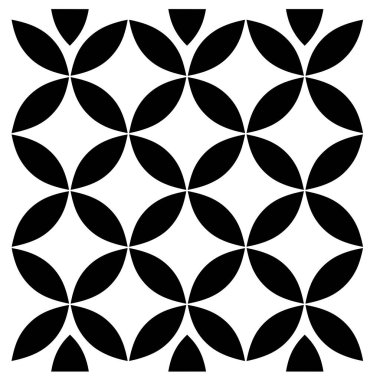 Üst üste binen siyah yapraklar beyaz arka planda çiçek geometrik desenler oluşturur. Üçgen şekiller sanatın üst ve alt kenarlarını sınırlandırır.