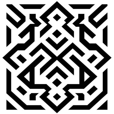 Tekrarlayan geometrik deseni olan soyut bir tasarım. Siyah çizgiler, temiz beyaz zemine karşı elmaslar da dahil olmak üzere karmaşık şekiller yaratır..