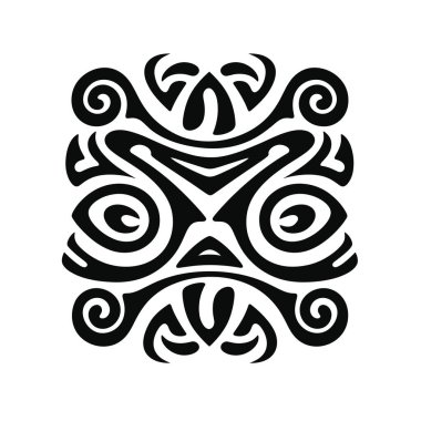 Simetrik kıvrımları ve kıvrımları olan siyah kabile tarzı bir tasarım, beyaz bir arkaplana karşı kare şeklinde dizilmiş..