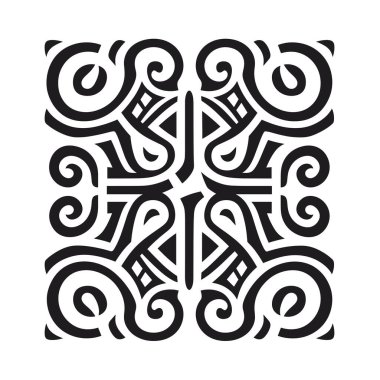 Simetrik bir tasarım, düz siyah ve beyaz renk şeması ile sunulan girdap çizgileri ve geometrik şekiller içerir..