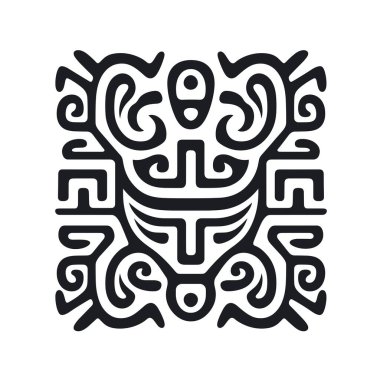 Bir kare tasarım, kabile maskesinin özelliklerine sahip karmaşık bir soyut illüstrasyon gösterir. Siyah mürekkep dizaynı beyaz arkaplanda görünür..