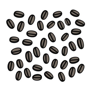 Bir grup kahve çekirdeği beyaz bir yüzeye rastgele dağılmış. Koyu kahverengidir ve her fasulyenin ortasında ince bir çizgi vardır..