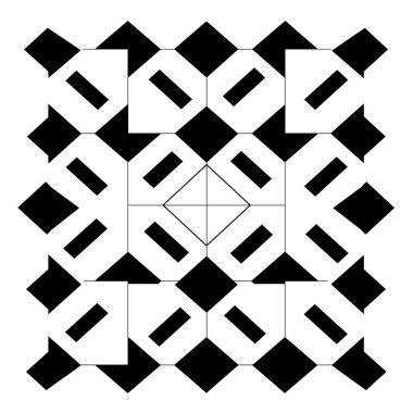 Simetrik bir tasarım, kareler, dikdörtgenler ve üçgenleri gösterir. Siyah ve beyaza dönüşür. Orta kare ise daha küçük üçgenlere bölünür..