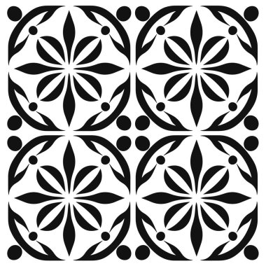 Tekrarlayan desen dört kare gösteriyor, her biri çemberlerle çevrili bir çiçek tasarımı içeriyor, hepsi de beyaz arkaplana karşı siyah..