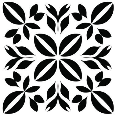 Yaprak ve yaprakları içeren siyah simetrik tasarım beyaz üzerine seramik ya da kare arkaplan gibi sıralanmış bir çiçek deseni oluşturuyor..