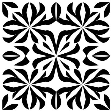 Çiçek benzeri şekiller yinelenen geometrik bir şablona göre sıralanır. Tasarım siyah beyaz, yüksek kontrastlı, simetrik motif oluşturuyor..