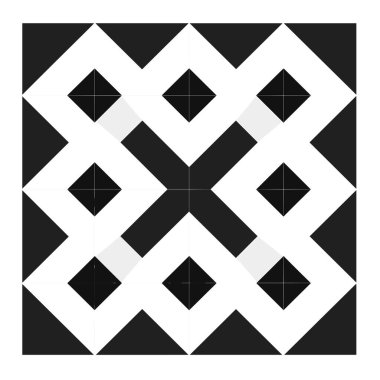 Kare desenler siyah ve beyaz şekillerle yaratılır. Bir geometrik tasarım oluşturan kareler, üçgenler ve kesişen çizgiler var..