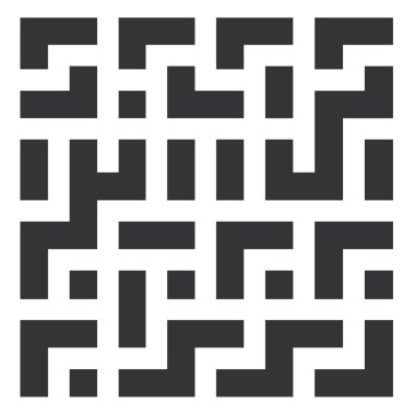 Koyu, açısal şekillerden oluşan bir düzenleme, beyaz boşluklu bir geometrik desen oluşturur, bir labirentin veya karmaşık, soyut bir tasarımın göstergesidir..