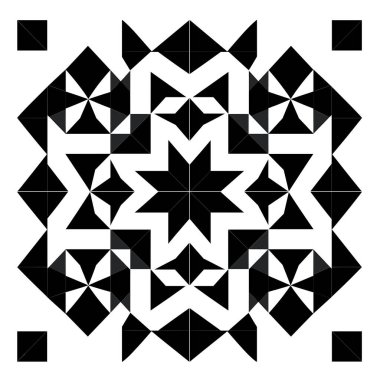 Bir simetrik tasarım, beyaz arkaplan üzerinde belirgin bir yıldız etrafında düzenlenmiş üçgenler ve kareler de dahil olmak üzere birçok siyah geometrik şekilleri gösterir..
