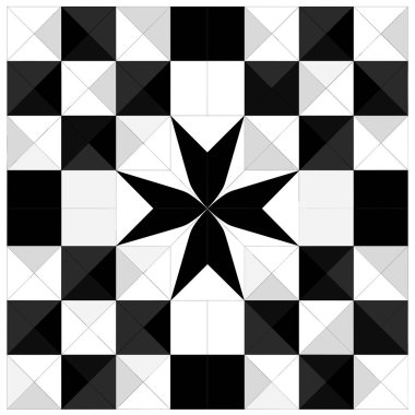 Geometrik düzenleme, siyah, beyaz ve gri tonlarda üçgenler ve kareler ile çevrili bir siyah yıldızı içerir ve desenli bir yüzey oluşturur..