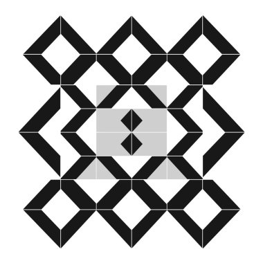 Beyaz zemin üzerinde siyah ve beyaz elmasların ve dikdörtgenlerin simetrik, tekrarlayan deseni şık ve grafik bir tasarım oluşturur..