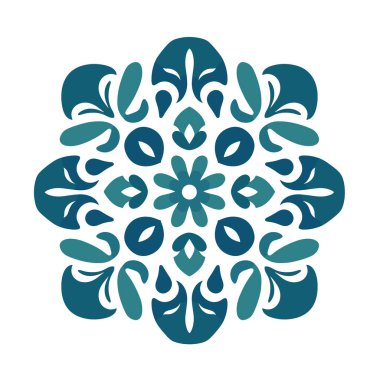 Simetrik bir çiçek tasarımı merkezde beyaz bir arka planda bulunur. Değişik bir deniz mavisi tonu ve mandala benziyor..