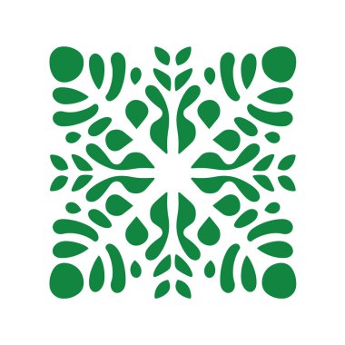 Simetrik bir dizayn, bir karede stilize edilmiş yapraklar ve su damlacıkları gösteriyor. Beyaz arkaplanda yeşil bir desen var ve merkezden yayılıyor..