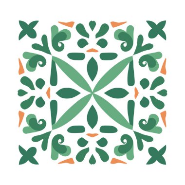 Kare tasarım, yeşil yapraklı ve dekoratif parşömenli tekrarlayan bir çiçek deseni içerir..