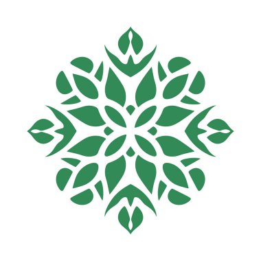 Simetrik bir tasarım gösterilir, düz beyaz bir arkaplan karşısında yeşil renkli tekrarlayan botanik ya da çiçek motifi.