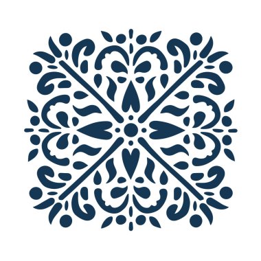 Koyu mavi kare desenli, simetrik çiçek desenli, kalp şekilli ve beyaz arkaplanda kesişen çizgiler olan bir karo..