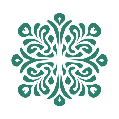 Beyaz arka planda kıvrımlı çizgileri olan biçimlendirilmiş yeşil çiçekli simetrik bir tasarım. Tasarımın merkezi bir odağı var..