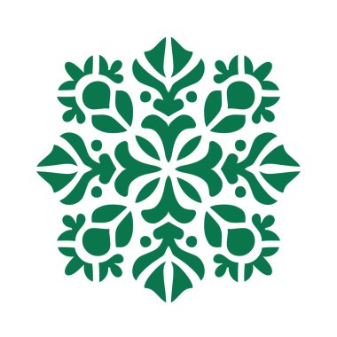 Beyaz arka planda çeşitli yaprak ve noktalardan oluşan simetrik yeşil bir tasarım. Çiçekli bir elemente ya da şenlikli bir kar tanesine benziyor..