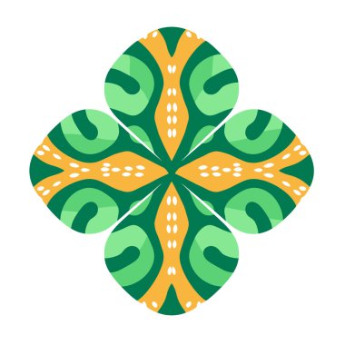 Yonca dekorasyonunda yeşil ve altın simetrik elementler ve beyaz arka planda izole edilmiş küçük beyaz noktalar var. Düz tasarım.