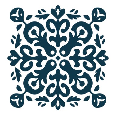 Simetrik süs, koyu mavi çiçekli ve sarmaşık elementleriyle tasarlanmıştır. Beyaz arkaplanda kare desen oluşturur..
