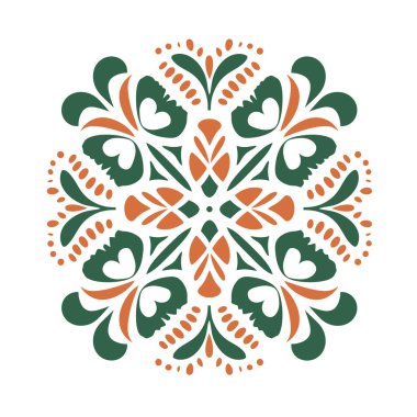 Yeşil ve turuncu renkli simetrik çiçek deseni. Tasarım, beyaz zemin üzerinde kalp şekilleri ve küçük noktalar içeriyor..