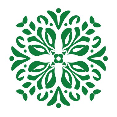 Karmaşık bir çiçek tasarımı, temiz beyaz arka planda yeşil yapraklar, noktalar ve çiçek benzeri şekillerden oluşan simetrik bir desen içerir..