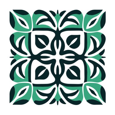 Kare dizayn, soyut bir çiçek desenini yeşil ve koyu gri renkte tekrarlar. Arka plan beyaz. Desen simetrik..