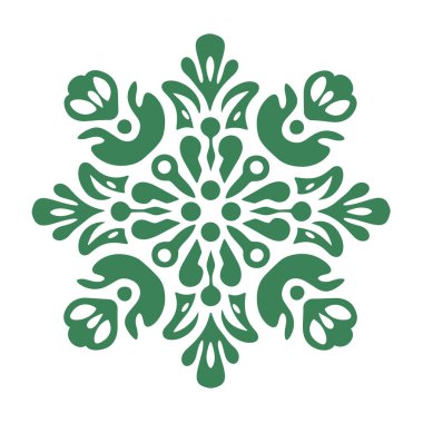 Saf yeşille süslenmiş simetrik bir çiçek deseni sade beyaz bir arkaplanda izole edilir. Şablon dairesel bir şekilde dışa doğru yayılıyor..