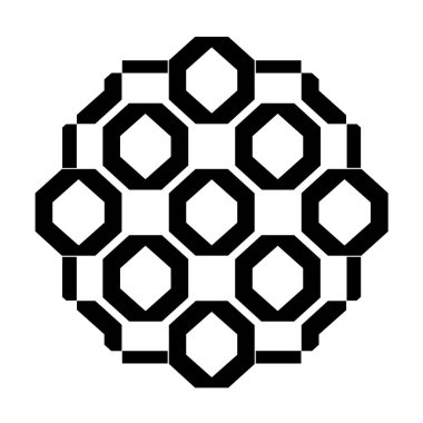 Geometrik tasarım dairesel bir şekilde düzenlenmiş birden fazla sekizgen ve dikdörtgen içerir. Beyaz arkaplan karşısında siyah şekiller.