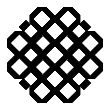 Tekrarlayan bir dizayn, beyaz kare uzayda sıralanmış siyah iç içe geçmiş şekiller içerir. Geometrik desen simetrik bir görsel yaratıyor..