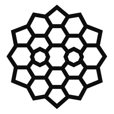 Beyaz bir arkaplan üzerindeki siyah çizgilerin simetrik ve tekrarlayan deseni, çiçek şeklindeki altıgenler, heptagonlar ve beşgenleri içerir..