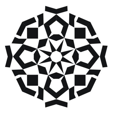 Siyah ve beyaz geometrik desen bir radyal dizayn oluşturur. Şekiller, merkezi bir yıldızdan yayılan kareler, üçgenler, beşgenler ve çokgenlerdir..