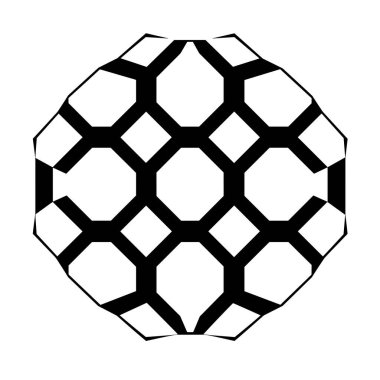 Bu geometrik tasarım beyaz zemin üzerinde tekrar eden siyah sekizgen ve karelerle oluşmuştur. İç simetriyle bir model yaratır..