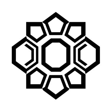 Çeşitli kenarlı birkaç çokgen, yuvarlak bir çiçek şekli oluşturur. Merkez bir sekizgen. Altıgenler ve beşgenler onu beyaz bir arkaplanda sarar..