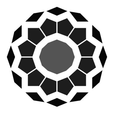 Siyah ve gri geometrik şekiller merkezi gri bir çember etrafında bir şekil oluşturur. Bu desen bir çiçek ya da dekoratif tasarım oluşturur..