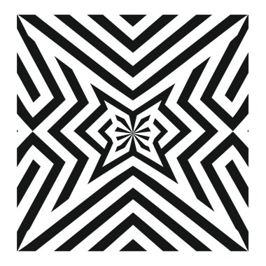 Modern, soyut bir tasarım ortaya çıkar. Siyah ve beyaz çizgilerle tekrarlayan bir geometrik desen sunar, bir illüzyon etkisi yaratır..