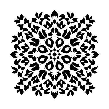 Karmaşık simetrik desen, beyaz arka planda siyah çiçekli motifler. Mandala benzeri bir tasarımı var..