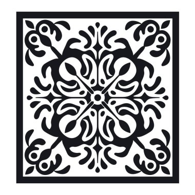 Simetrik bir süs tasarımı sergilenmektedir. Kare bir çerçevesi var, ve tasarımı siyah, katıksız beyaz bir arkaplan üzerine kurulmuş..