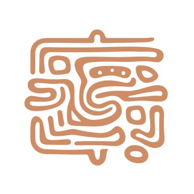 Minimalist bir illüstrasyon soyut bir etnik sembol sergiliyor. Bir kare tasarımda düzenlenmiş eğri çizgiler ve geometrik şekiller içerir..