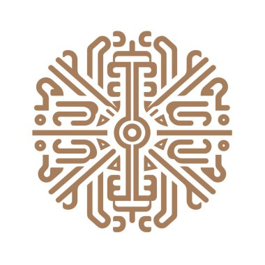 Beyaz arkaplanda süslü bir bronzlaşma sembolü geometrik şekiller, çizgiler ve merkezi bir daire içerir. Tarz sahibi bir kabile tasarımına benziyor..