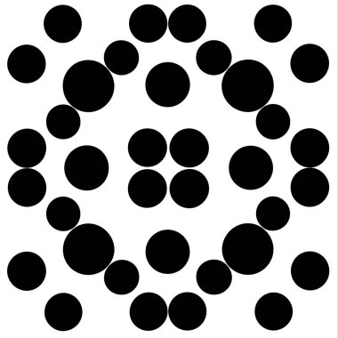 Çeşitli boyutlardaki siyah dairelerden oluşan bir tasarım beyaz bir arkaplana karşı ayarlanır ve görsel dokuya sahip ilgi çekici bir desen oluşturur..