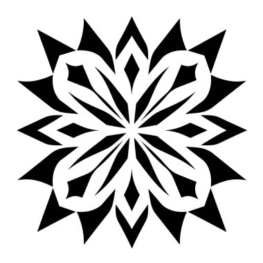 Beyaz arka planda simetrik bir tasarım. Soyut desen, keskin üçgenler ve elmas şekillerinden oluşan bir çiçek ya da kar tanesi gibi görünür..
