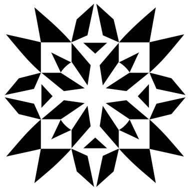 Simetrik bir yıldız tasarımı sergilenmektedir. Yıldız, beyaz bir zemin üzerinde siyah üçgenler, kareler ve elmaslar tarafından oluşturulur..
