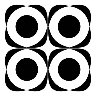 Bu tasarımın tekrarlayan dört karesi var. Her kare siyah kıvrımlı şekillerle çevrili beyaz bir halka içinde siyah bir daire içeriyor..